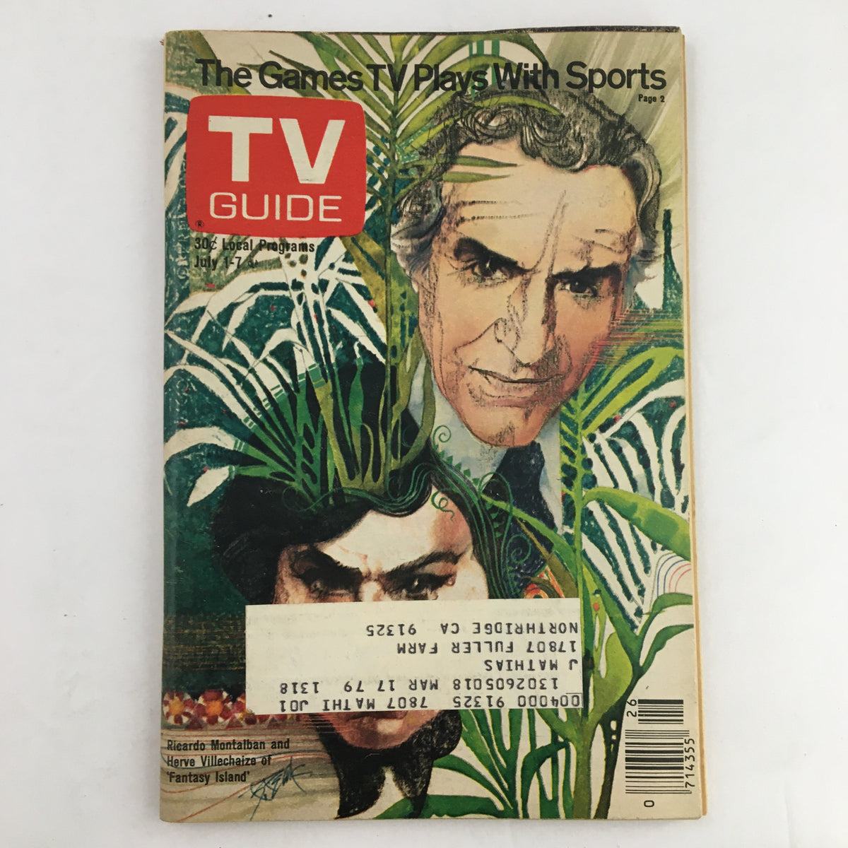 Cover of TV Guide Magazine July 1, 1978 featuring Herve Villechaize and Ricardo Montalban amidst lush tropical foliage, showcasing the iconic duo from the show Fantasy Island.