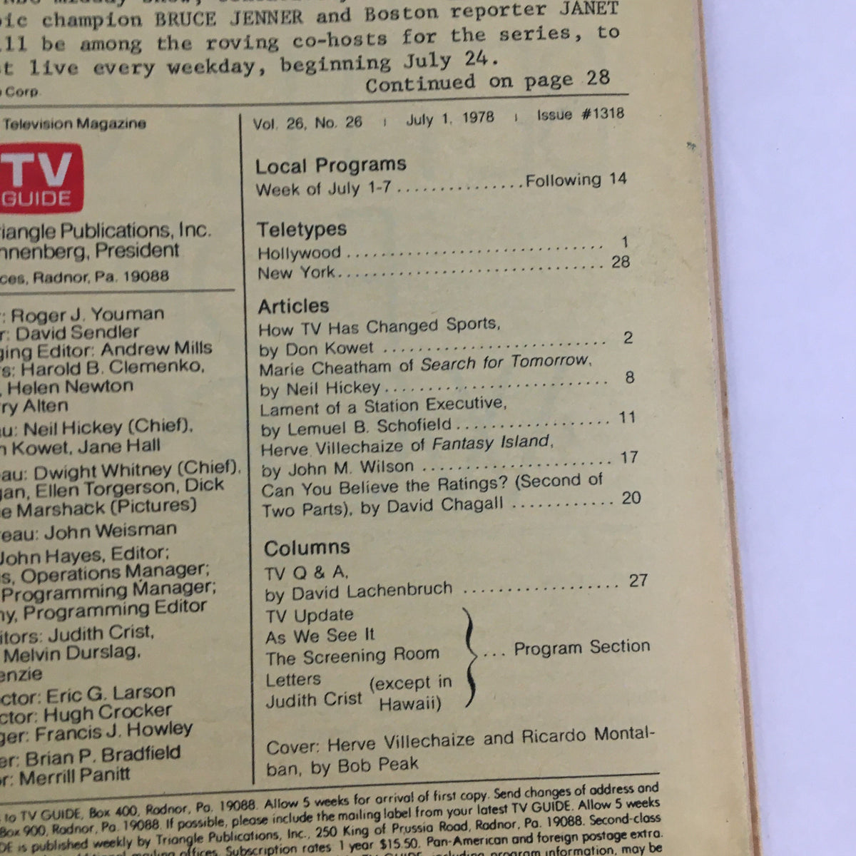 Inside page of TV Guide Magazine July 1, 1978 detailing local programming and articles including a feature on Herve Villechaize, highlighting its significance in television history.
