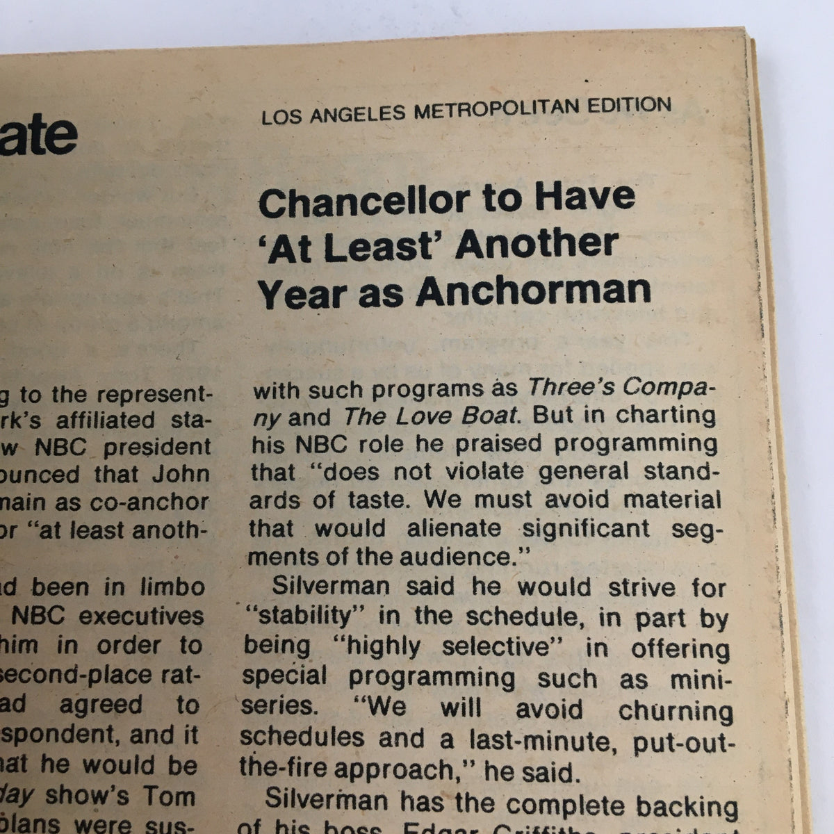 Los Angeles Metropolitan Edition note from TV Guide Magazine July 1, 1978 discussing the anchorman's future, reflecting on the era's television landscape.