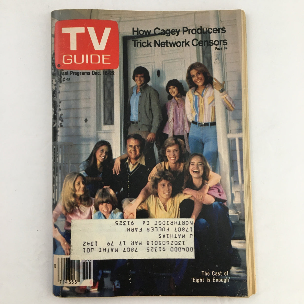 TV Guide Magazine December 16, 1978 featuring Grant Goodeve and Lauri Walters on the cover, showcasing the cast of 'Eight is Enough'.
