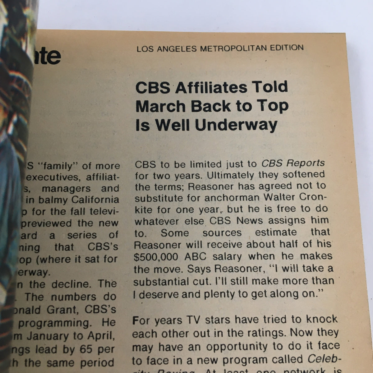 Interior page of TV Guide Magazine from May 20, 1978, featuring an article titled 'CBS Affiliates Told March Back to Top Is Well Underway', discussing CBS's programming strategies and staff changes during the late 1970s television landscape.