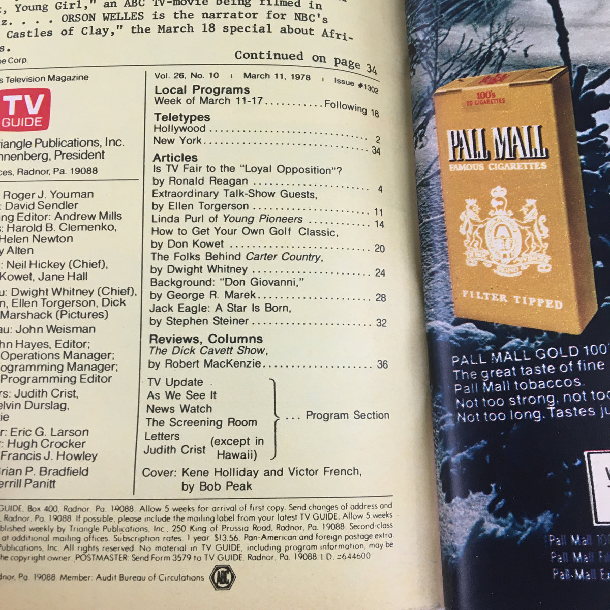 Inside page of TV Guide Magazine March 11, 1978, featuring articles, local programs, and reviews alongside information about Kene Holliday and Victor French.