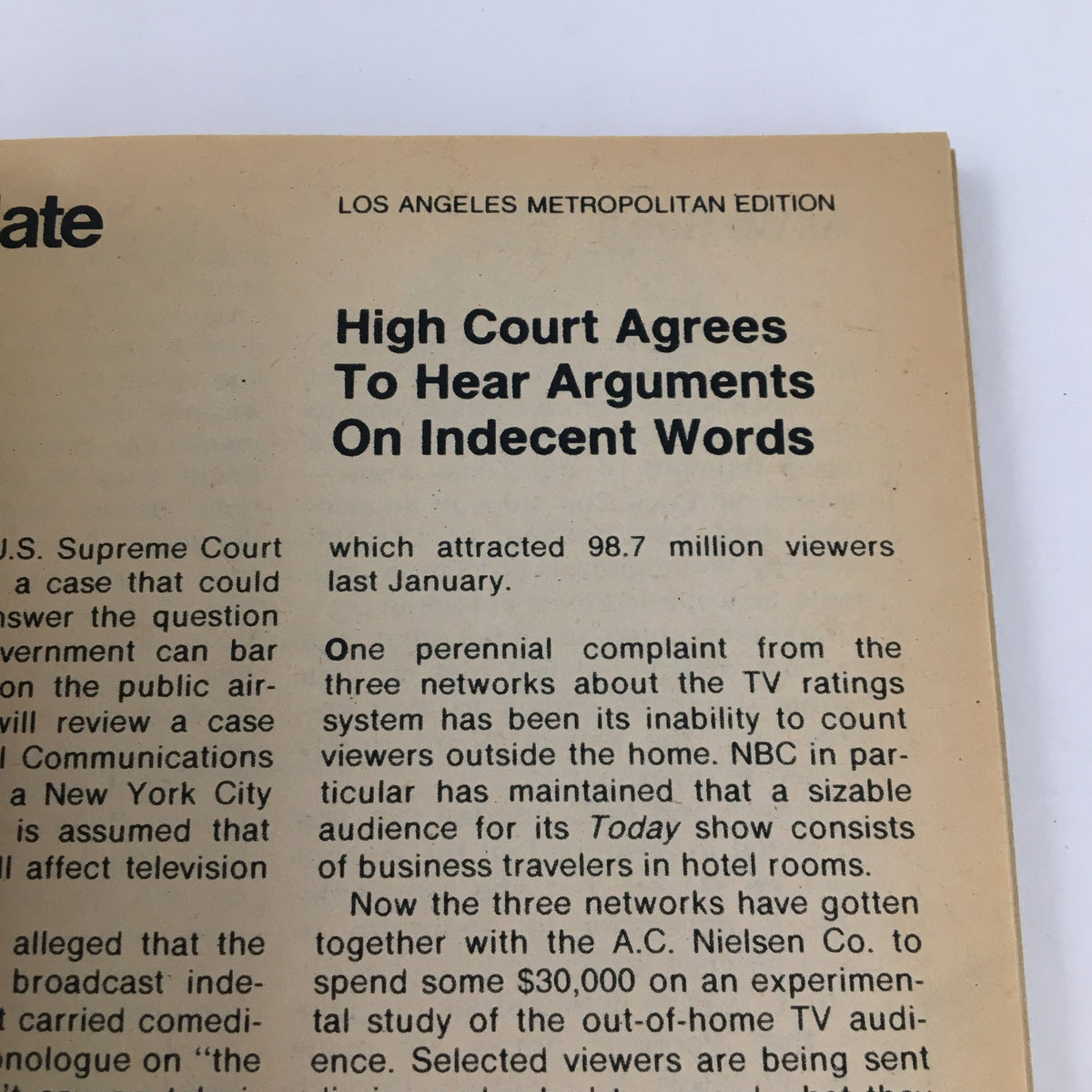 Inside page from TV Guide Magazine January 28 1978, discussing a Supreme Court case related to indecent words on television, part of the Los Angeles Metropolitan Edition.
