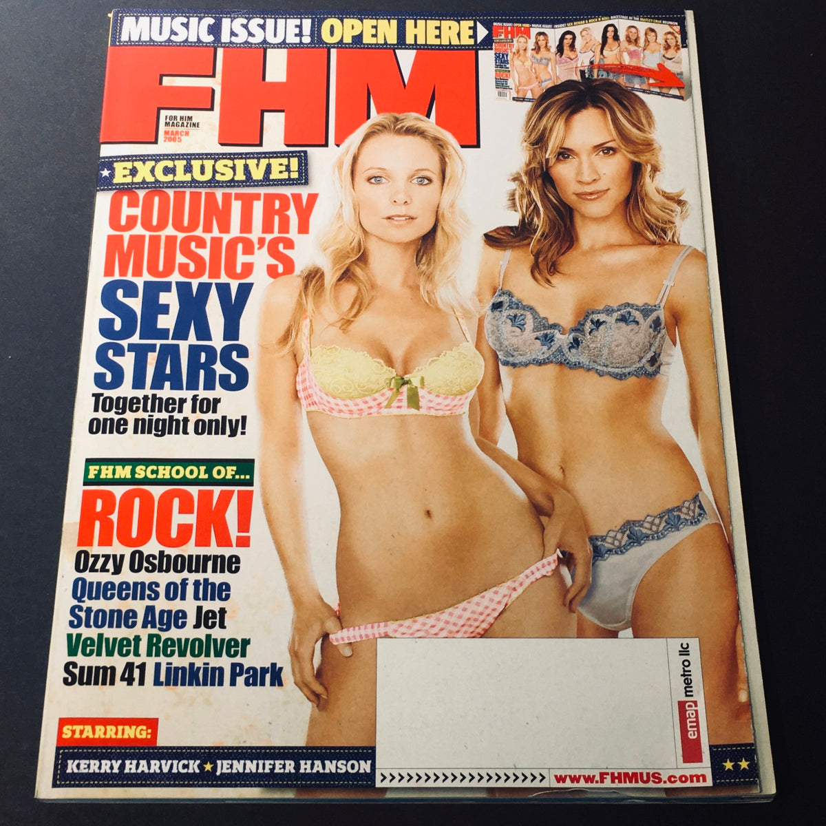 Cover of FHM Magazine March 2005 featuring Kerry Harvick and Jennifer Hanson, promoting 'Country Music's Sexy Stars' with a focus on rock music including mentions of Ozzy Osbourne, Velvet Revolver, and others.