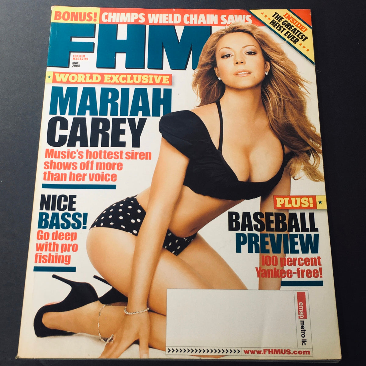 FHM Magazine May 2005 featuring Mariah Carey as Music's Hottest Siren on the cover, showcasing her in a black crop top and polka dot bikini, with headlines and promotional text.