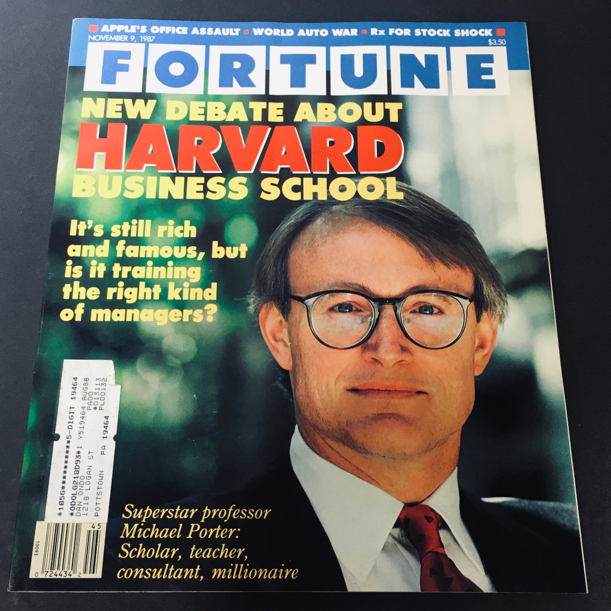 Cover of VTG Fortune Magazine from November 9, 1987, featuring a headline on Harvard Business School and a portrait of superstar professor Michael Porter, highlighting his role as a scholar and consultant.