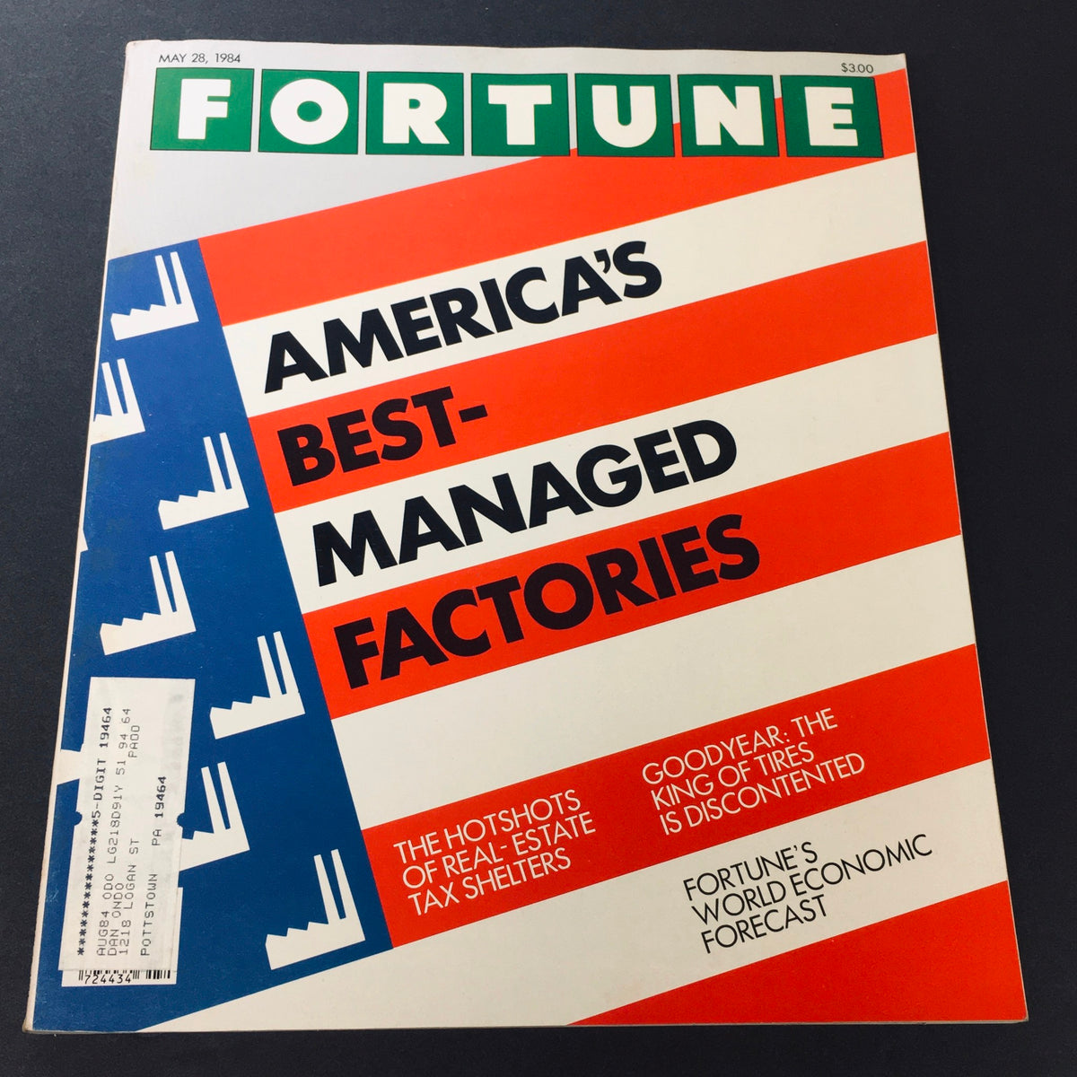 Cover of Fortune Magazine dated May 28, 1984, featuring 'America's Best Managed Factories' with a striking design in red, white, and blue. This vintage issue includes articles on corporate management and economic forecasts.