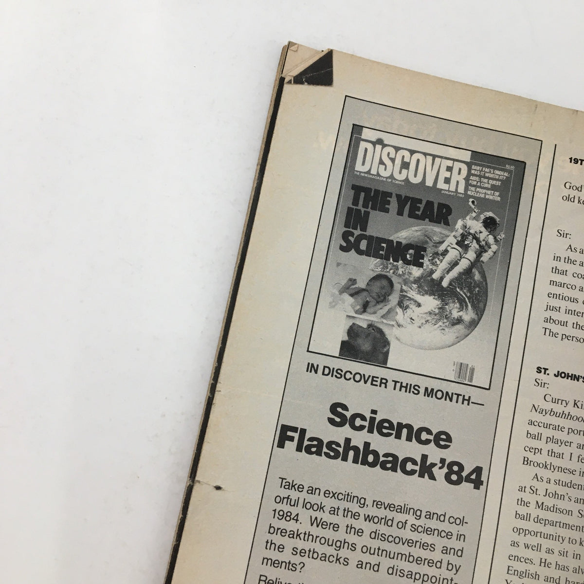 Back cover of a vintage Discover magazine showing the article header "The Year in Science" with an astronaut, not directly related to the Sports Illustrated Magazine December 10 1984 featuring Michael Jordan.