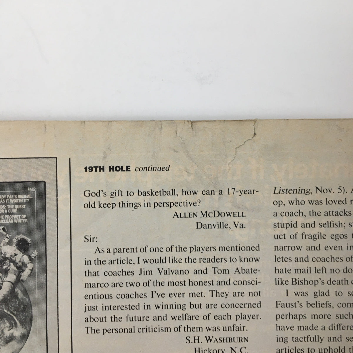 Content page from the back of a magazine featuring the continued text titled '19th Hole', discussing basketball, not directly related to the Sports Illustrated Magazine December 10 1984 featuring Michael Jordan.