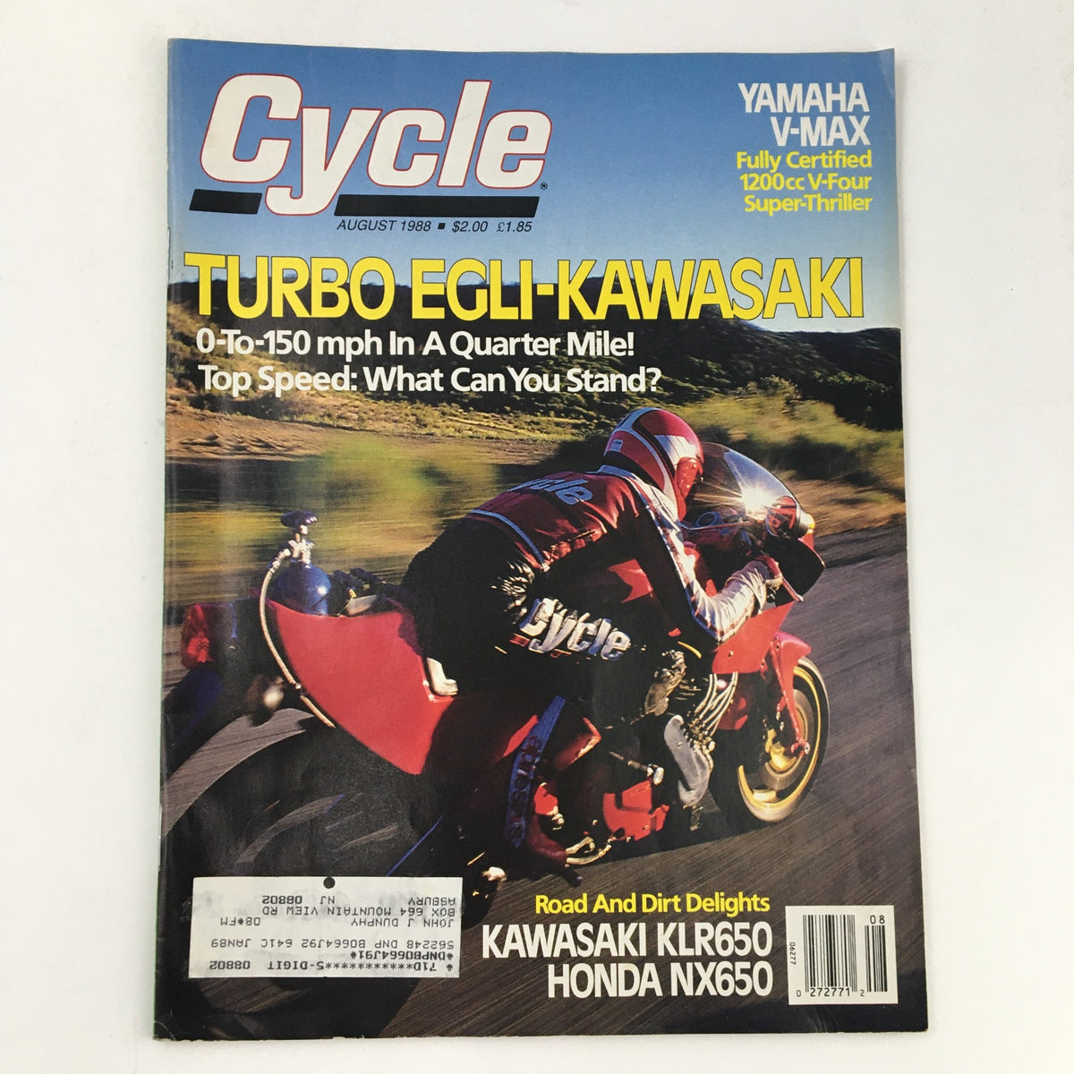 Cycle Magazine August 1988 cover featuring Turbo Egli-Kawasaki and Yamaha V-Max, showcasing motorcycle performance and speed.