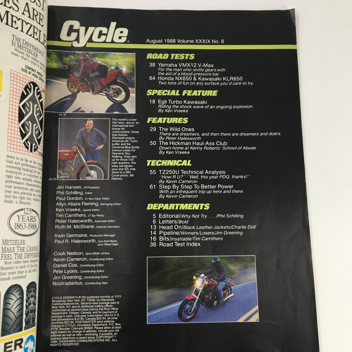 Cycle Magazine August 1988 interior page displaying the table of contents, highlighting articles about Yamaha V-Max and Egli Turbo Kawasaki.