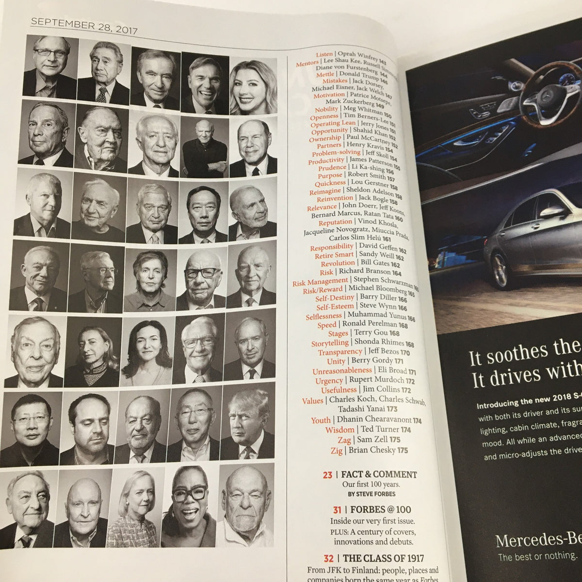 Forbes Magazine September 28 2017 interior page featuring a collage of influential figures, capturing notable personalities in finance and business.