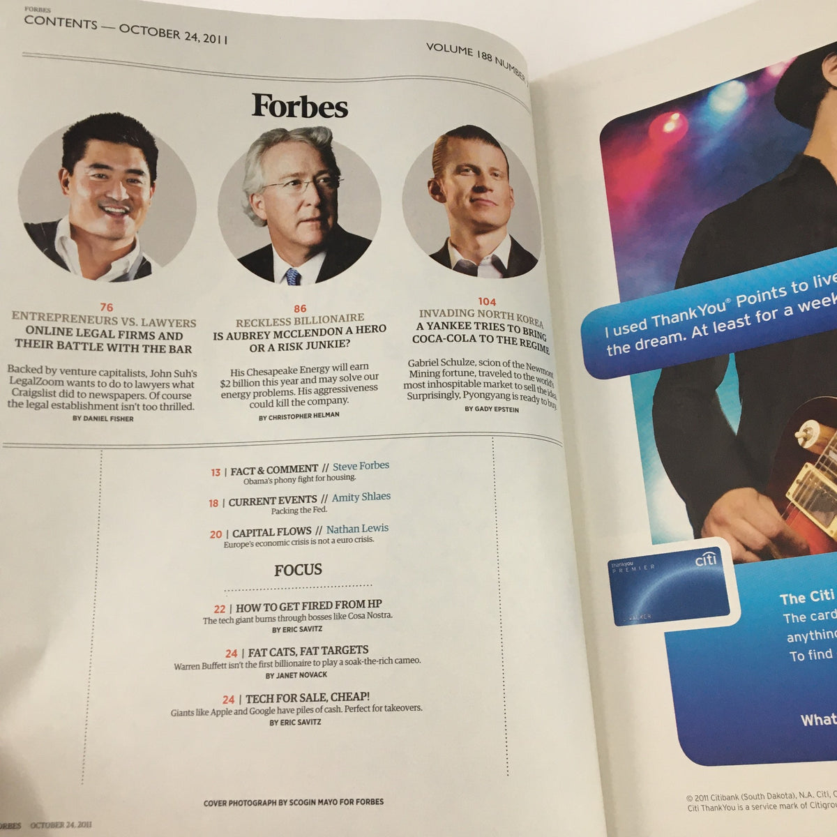 Inside contents page of Forbes Magazine, October 24, 2011, listing articles including the feature on 'Reckless Billionaire Aubrey McClendon'. Highlights include various business topics and insights relevant to the financial landscape.