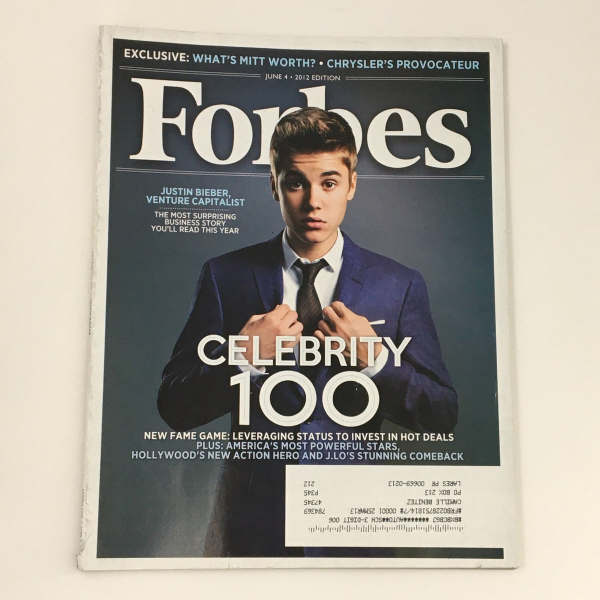Cover of Forbes Magazine June 4, 2012 featuring Justin Bieber as a Venture Capitalist in the Celebrity 100 list, showcasing his influence in both music and business.