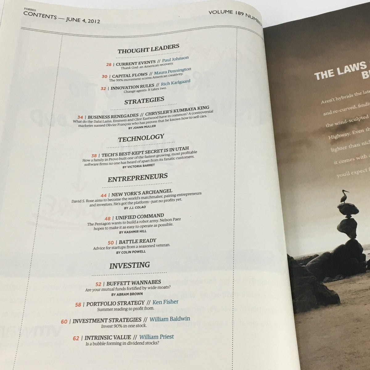 Contents page of Forbes Magazine June 4 2012, showcasing articles on Thought Leaders, Strategies, Technology, Entrepreneurs, and Investing, featuring Justin Bieber as a Venture Capitalist in the Celebrity 100.