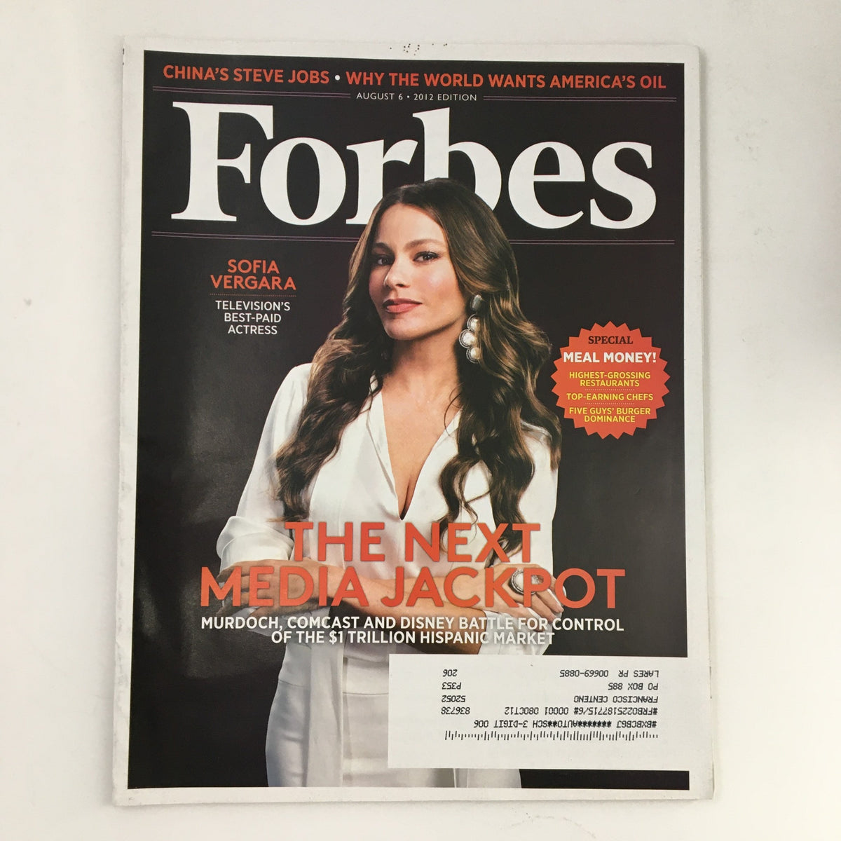 Forbes Magazine cover from August 6, 2012, featuring Sofia Vergara, Television's Best-Paid Actress, highlighting 'The Next Media Jackpot'.