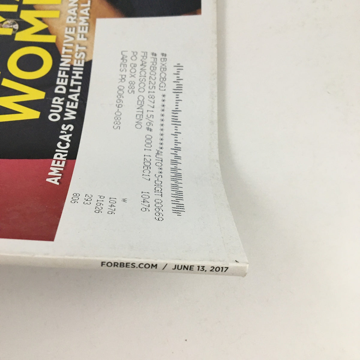 Side view of the Forbes Magazine from June 13, 2017, showing the publication date and cover detail that highlights influential female entrepreneurs including Carolyn Rafaelian.