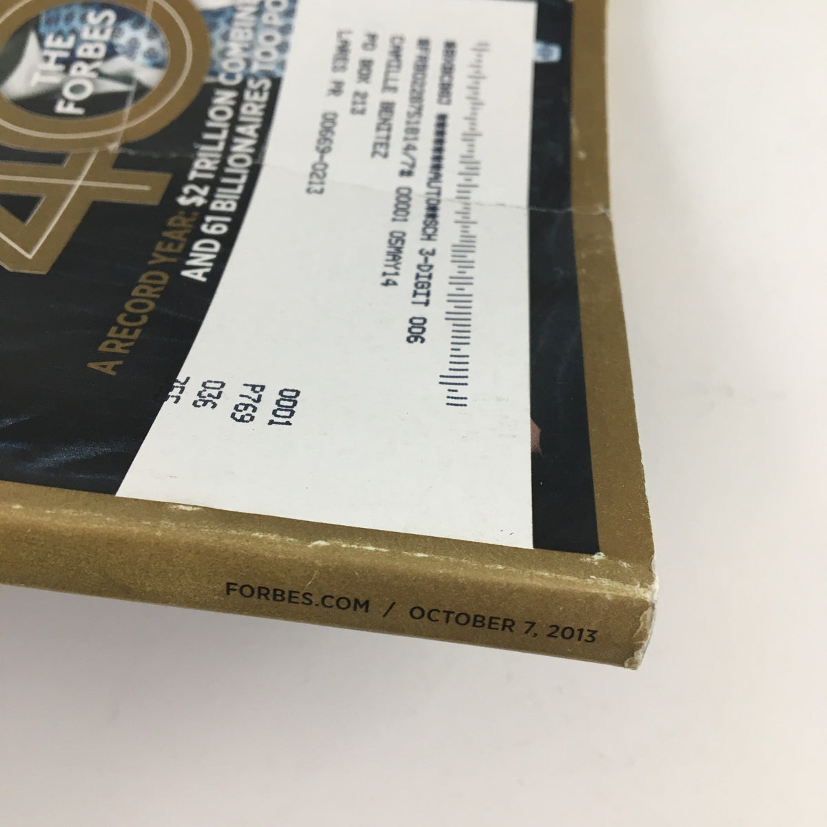 Forbes Magazine October 7 2013 cover detail showcasing the address label and edge wear, featuring the title 'The Father Figure: Warren Buffet & The Forbes 400'.
