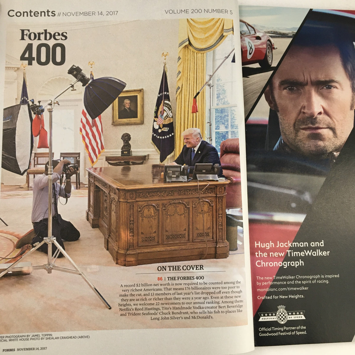 Forbes Magazine November 14 2017 contents page detailing highlights including the Forbes 400 and featuring Donald Trump in the Oval Office.