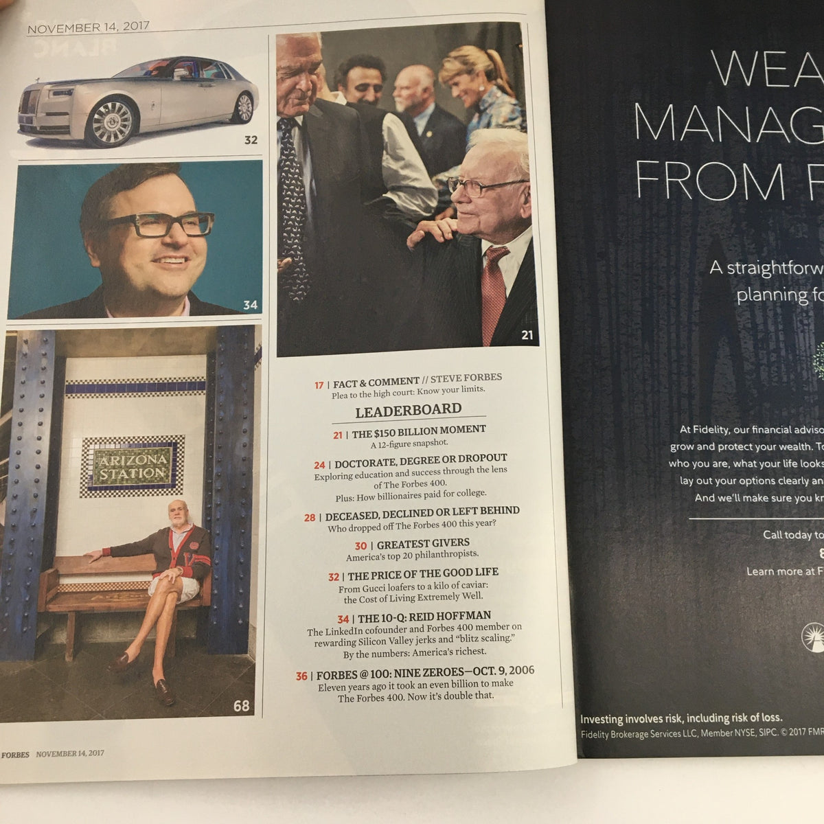 Forbes Magazine November 14 2017 page displaying an overview of articles and features including the leadership and business insights.