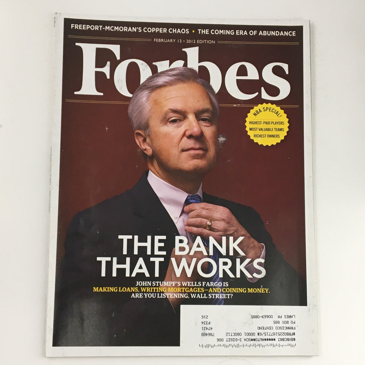 Forbes Magazine cover from February 13, 2012, featuring the headline 'The Bank That Works' with John Stumpf, highlighting Wells Fargo's strategies in lending and mortgages.