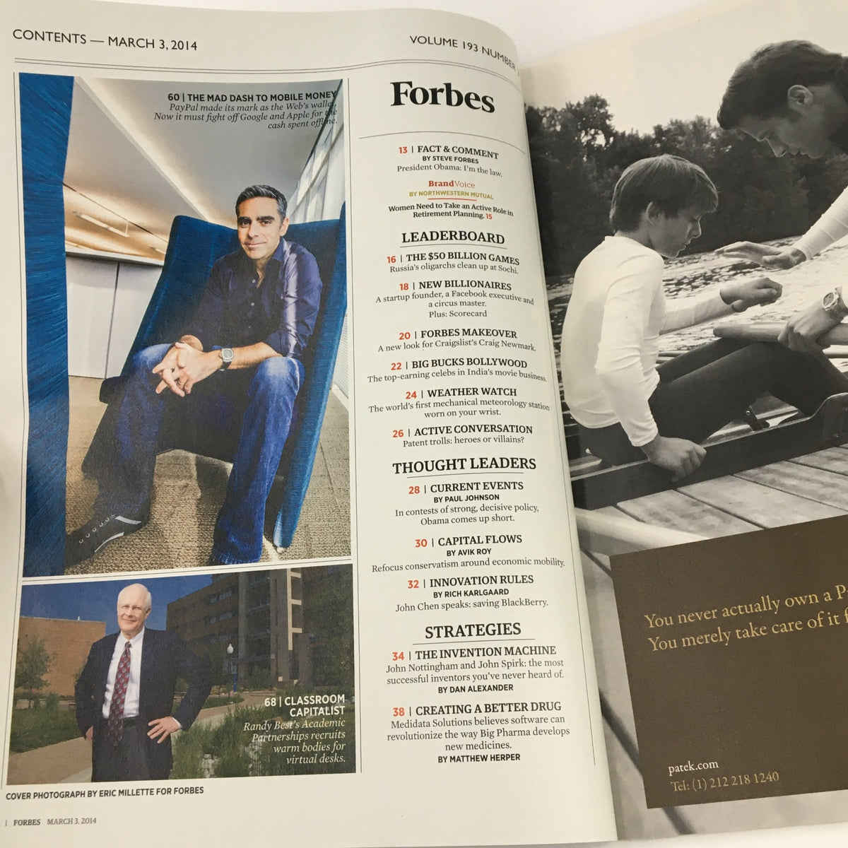 Inside page of Forbes Magazine from March 3, 2014, displaying the contents section and featuring David Marcus, emphasizing topics on financial technology and e-commerce.