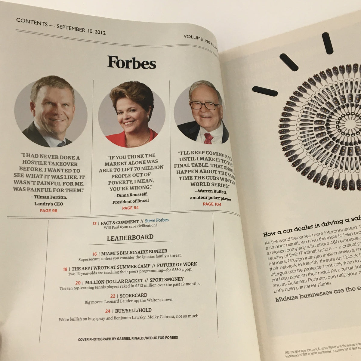 Forbes Magazine September 30 2012 featuring Dilma Rousseff, showcasing the contents page with articles and prominent figures, reflecting the political landscape of Brazil during her presidency.