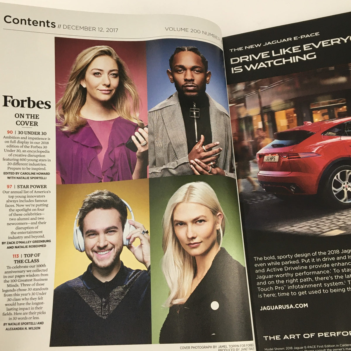 Inside page of Forbes Magazine December 12 2017 featuring the contents and images of notable innovators, including Whitney Wolfe Herd, emphasizing her influence in modern entrepreneurship.