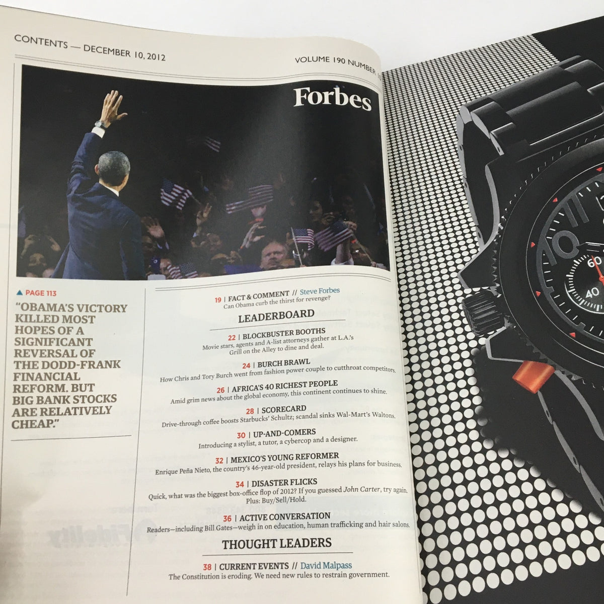 Contents page of Forbes Magazine, December 10, 2012 edition titled 'Get Rich From Barack Obama', showcasing articles and features on entrepreneurship and business strategies during the Obama administration.