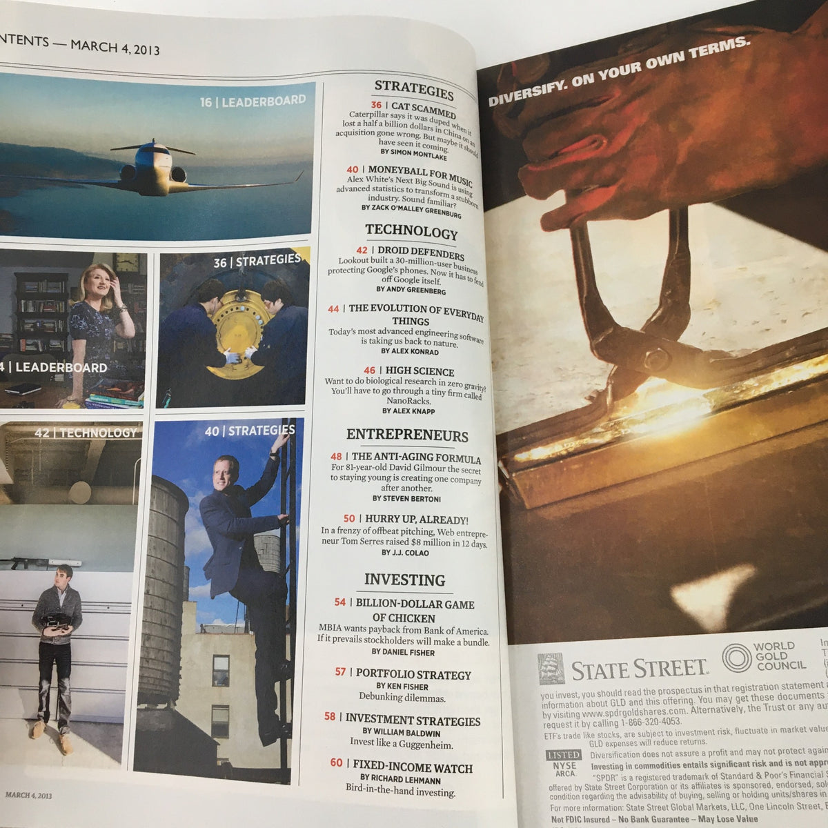Contents page of Forbes Magazine March 14, 2013 displaying various article topics, including sections on strategies, technology, and investments, with a focus on the title 'Retire Like A Rock Star' by Sir Richard Branson.