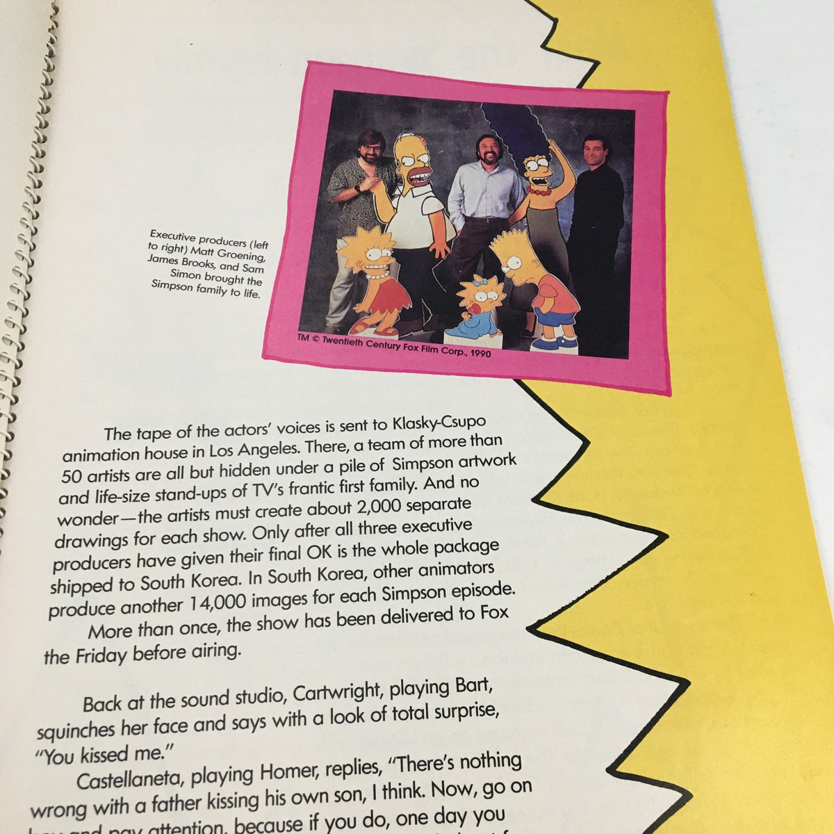 Page from '1990 Consumer Guide Presents Simpson Mania The History of TV's First Family' highlighting voice actors and their work in bringing The Simpsons to life, with a Key Art image.