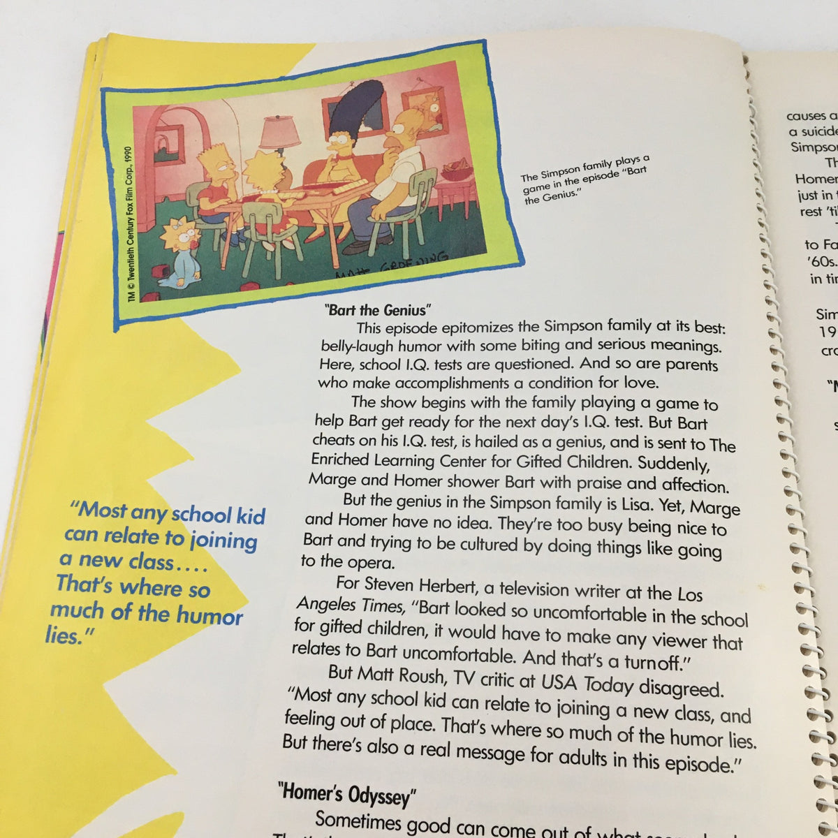 Page from '1990 Consumer Guide Presents Simpson Mania The History of TV's First Family' discussing themes from the episode 'Bart the Genius', illustrating family dynamics and educational insights.
