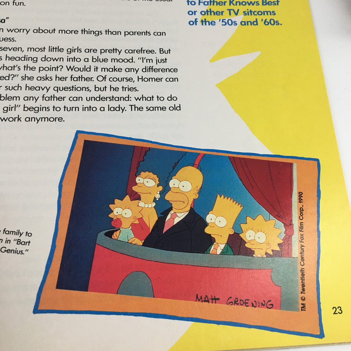 An illustration from '1990 Consumer Guide Presents Simpson Mania The History of TV's First Family', featuring the characters Homer, Bart, Lisa, and Maggie Simpson at a theater. The image emphasizes the family's bond and humor.