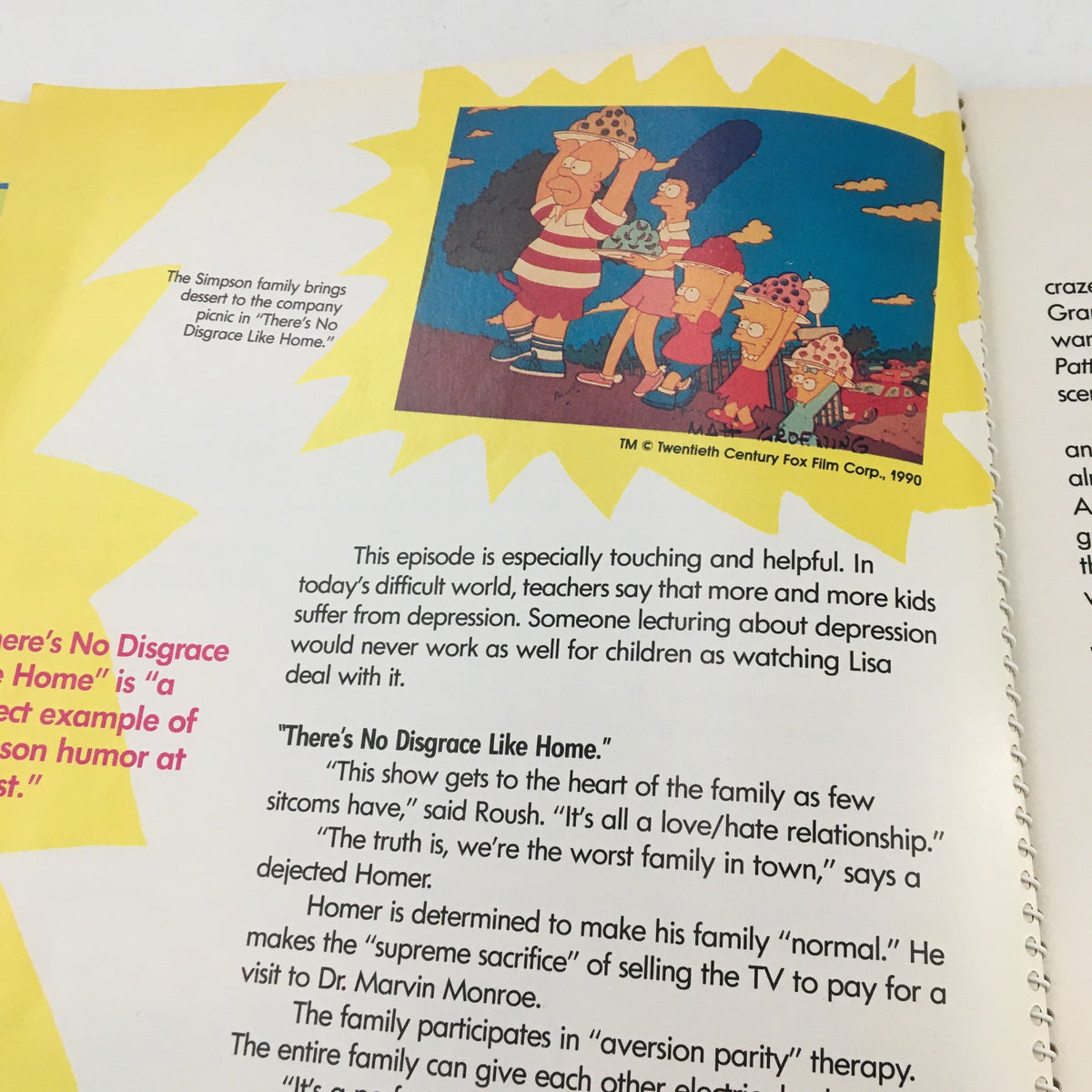 A page from '1990 Consumer Guide Presents Simpson Mania The History of TV's First Family,' discussing the challenges faced by the Simpsons. The image highlights a scene with various characters and references to their humorous approach to life.