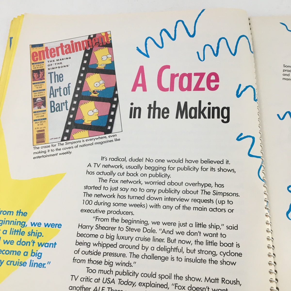An article snapshot in '1990 Consumer Guide Presents Simpson Mania The History of TV's First Family' discussing the impact of the show on media, featuring Bart Simpson. The image reflects the show's cultural significance.