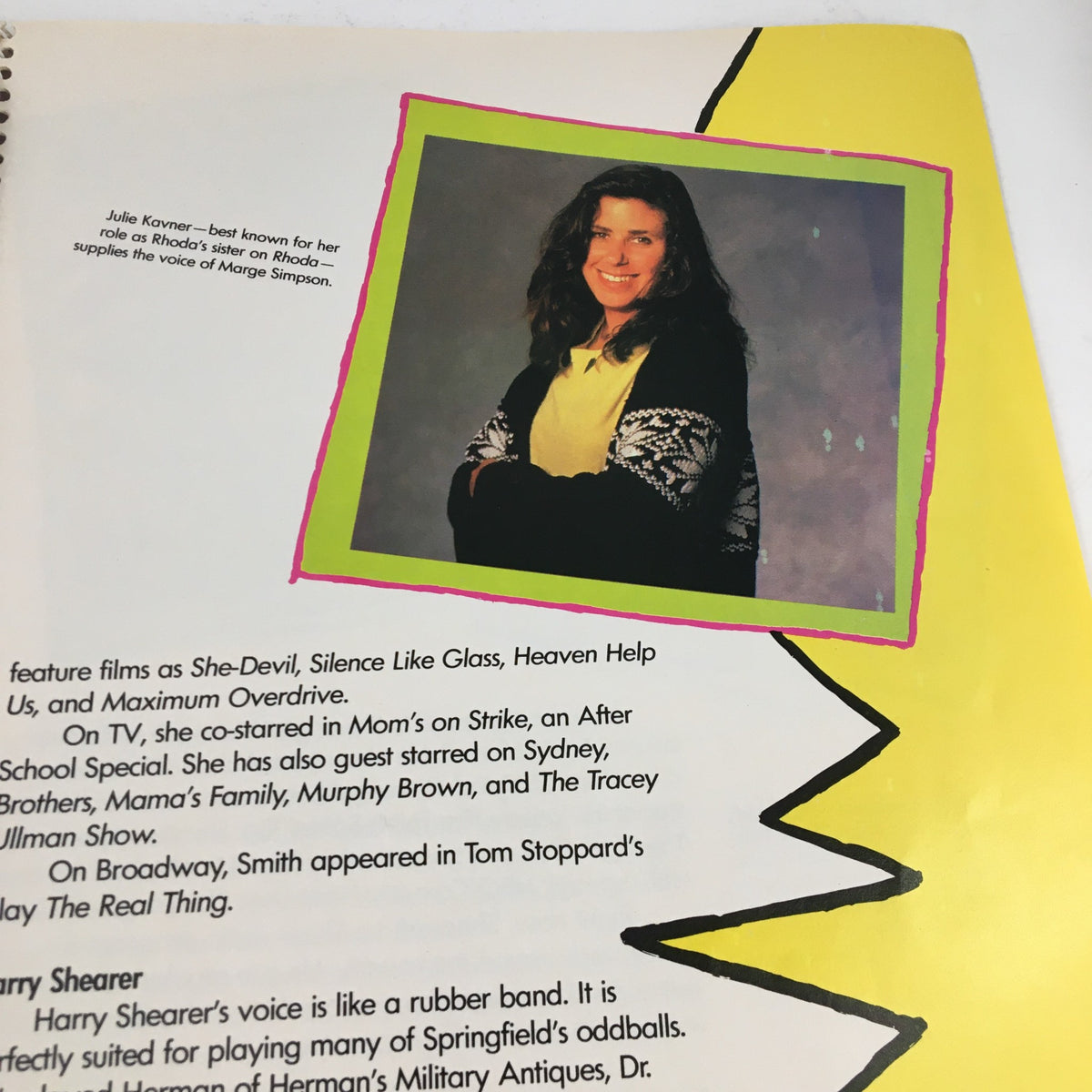 An image from '1990 Consumer Guide Presents Simpson Mania The History of TV's First Family,' featuring Julie Kavner known for voicing Marge Simpson. The photo highlights the talented individuals contributing to the show's characters.