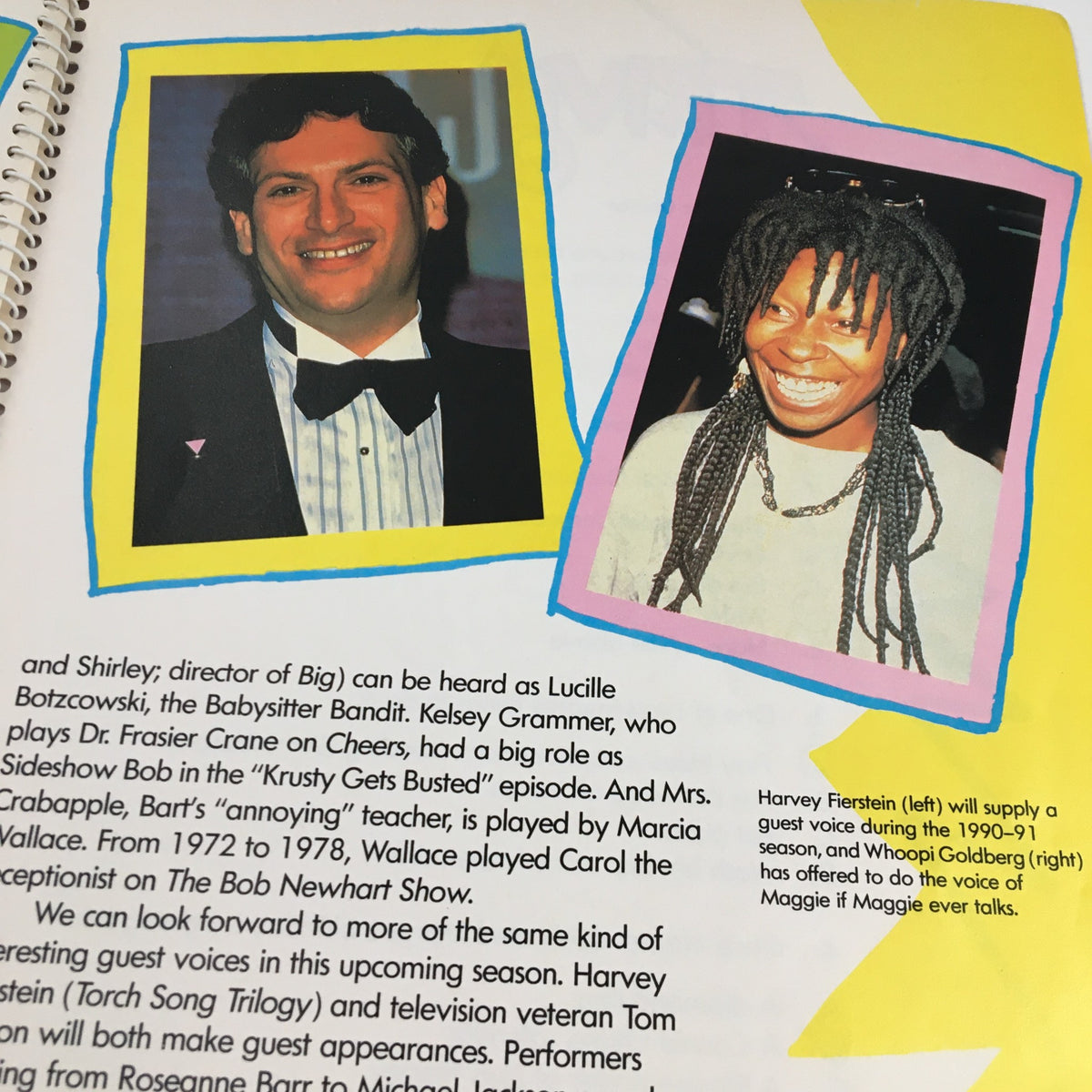 Image from '1990 Consumer Guide Presents Simpson Mania The History of TV's First Family' featuring Kelsey Grammer and Whoopi Goldberg, illustrating the connections between famous actors and animated shows.