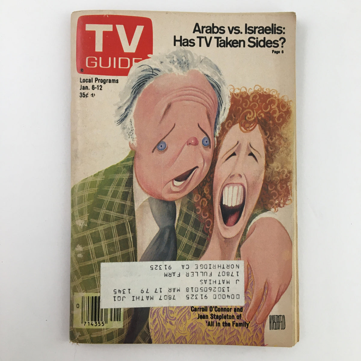 Cover of TV Guide Magazine January 6 1979 featuring caricatures of Carroll O'Connor and Jean Stapleton, highlighting a captivating piece of classic television history.