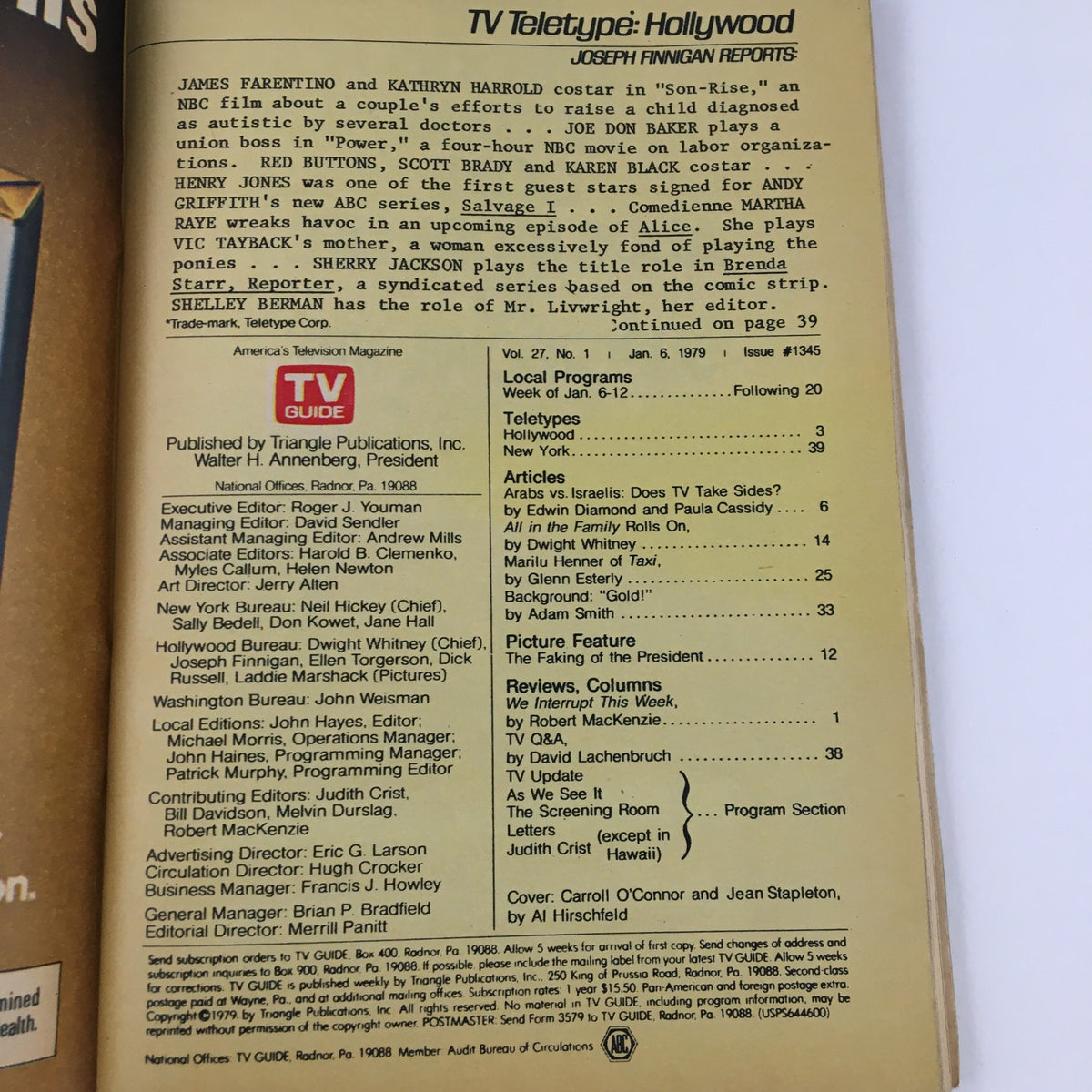 Page from TV Guide Magazine January 6 1979 featuring details about television programs and contributors including Carroll O'Connor and Jean Stapleton.