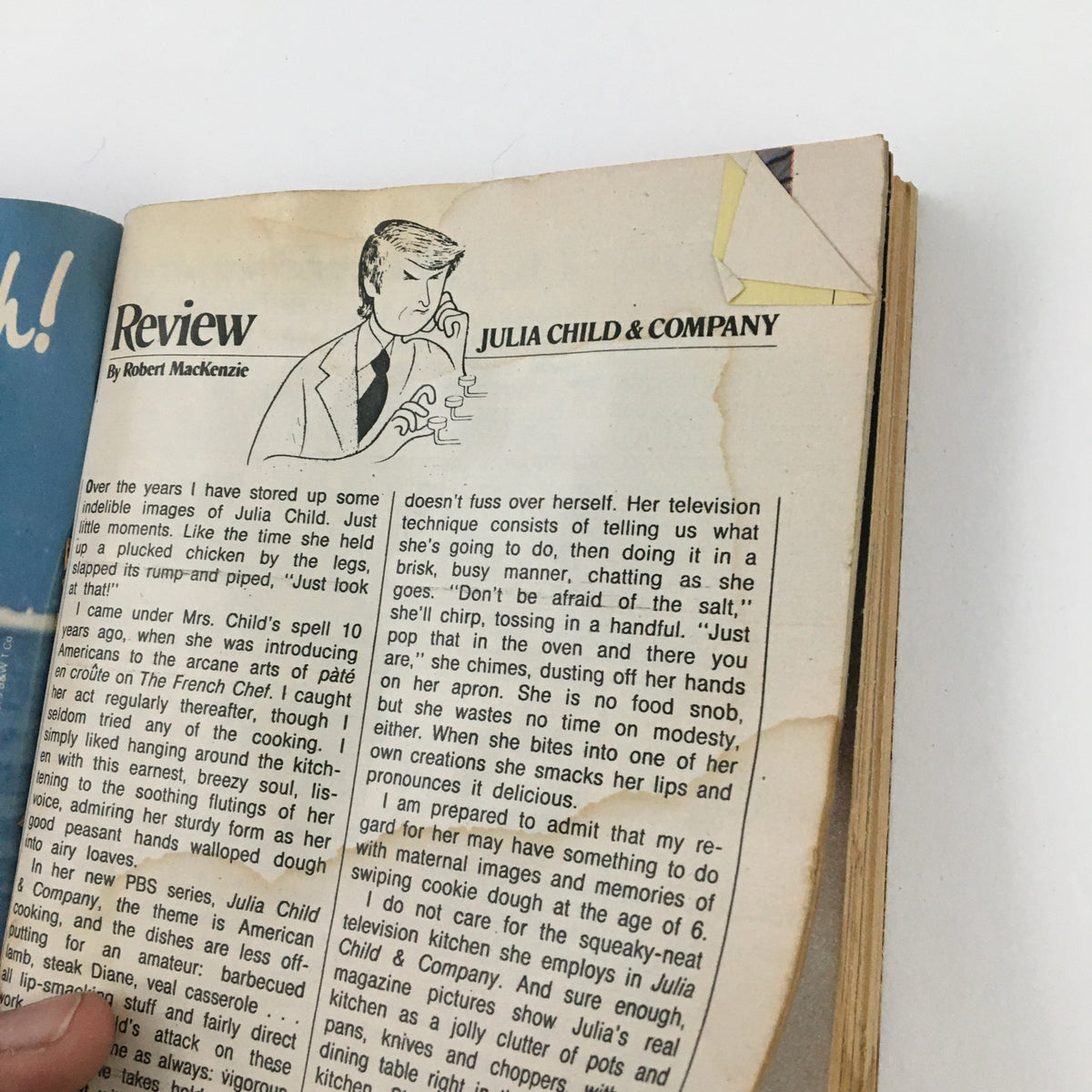 Article featuring a review of Julia Child's cooking show in TV Guide Magazine February 17, 1979, with illustrated content and commentary on her engaging presentation style.