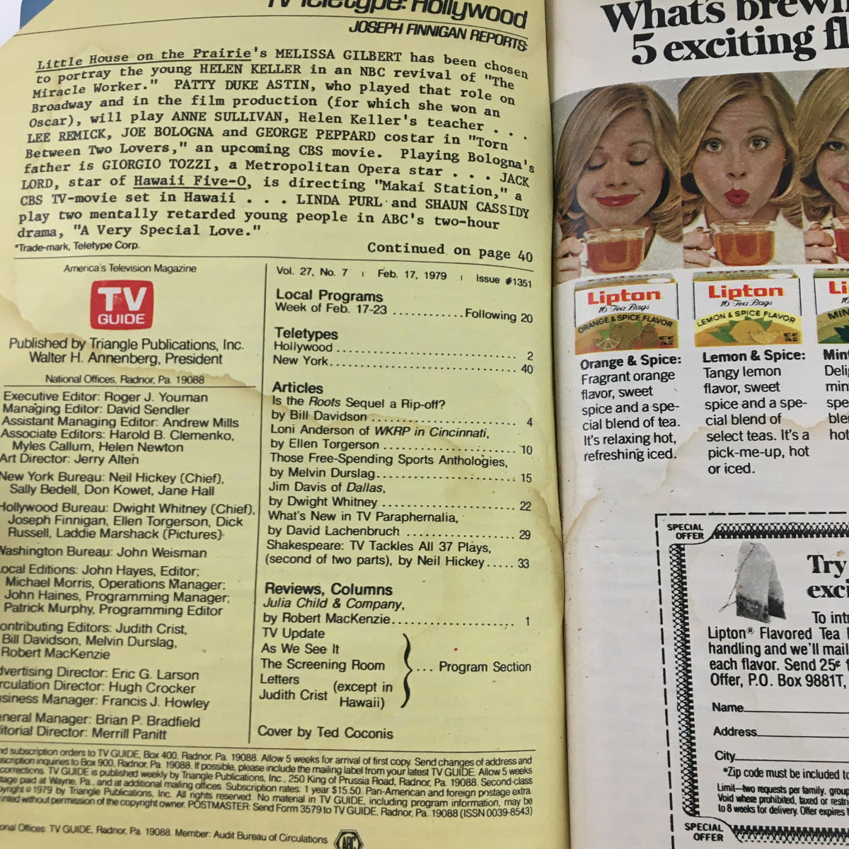 Back page of TV Guide Magazine February 17, 1979, listing local programs and articles, including a teaser on the potential sequel to the miniseries Roots, captured with advertisements.