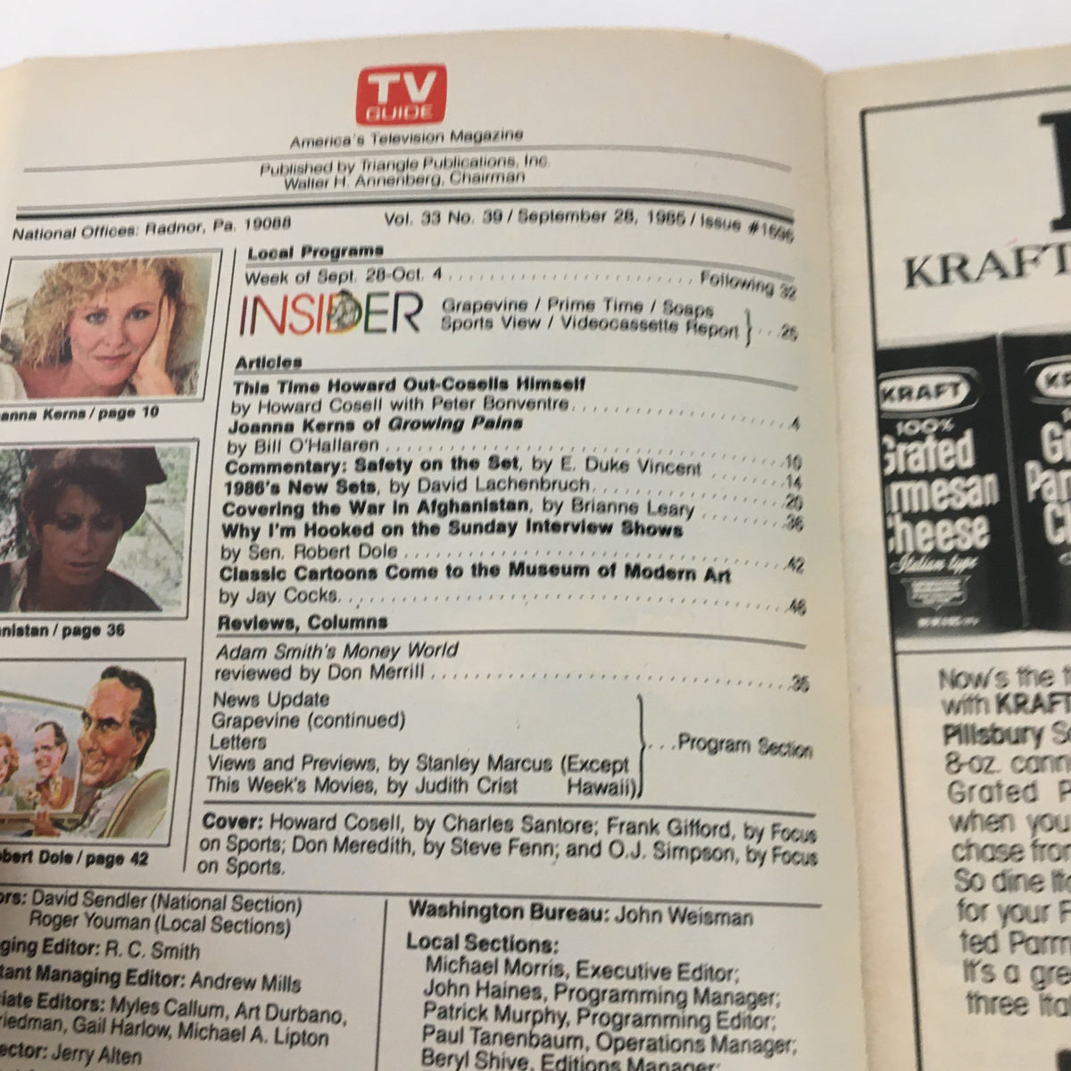 Inside page of TV Guide Magazine from September 28, 1985 listing articles and features including 'This Time Howard Out-Cosells Himself'.