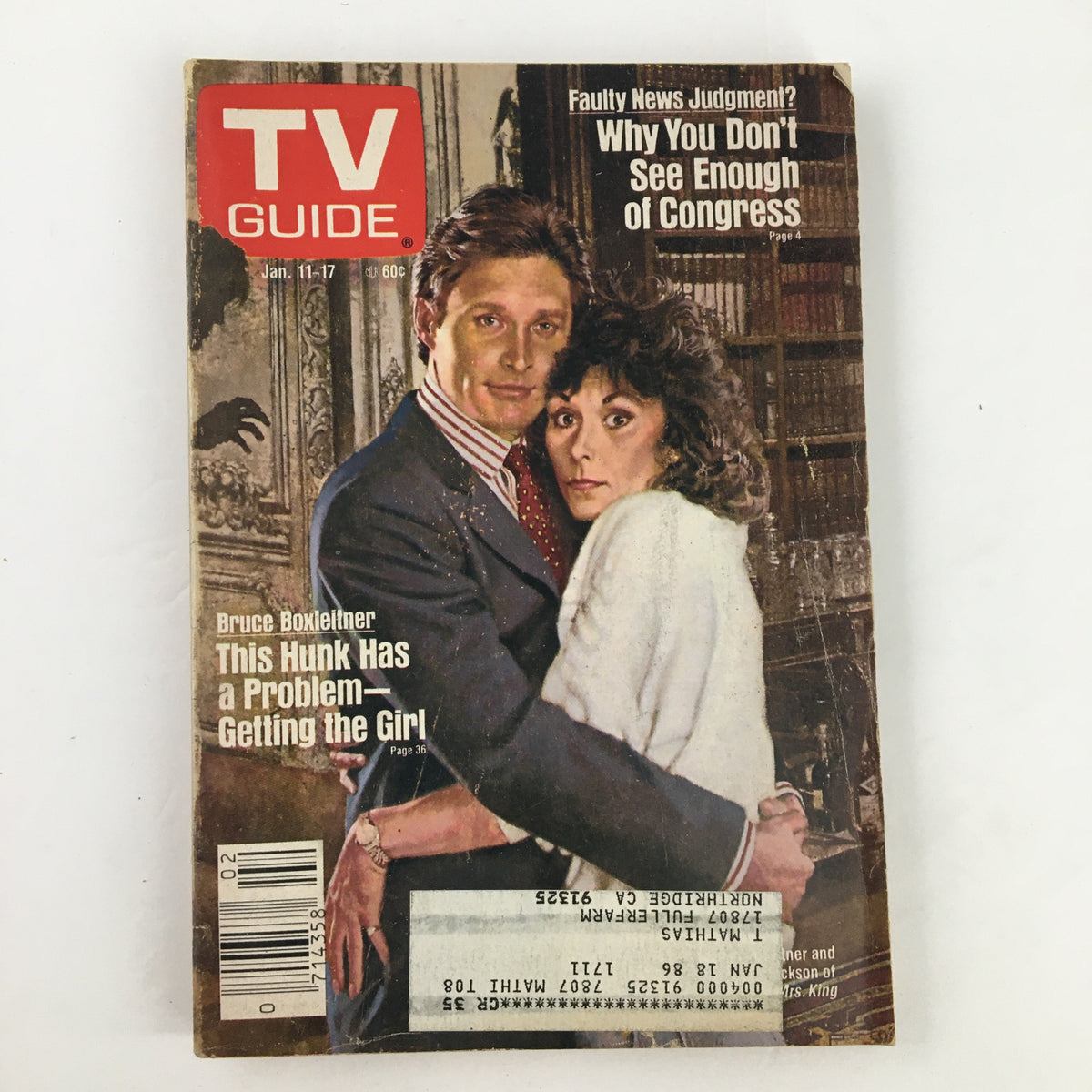 TV Guide Magazine cover from January 11, 1986, featuring Bruce Boxleitner and Kate Jackson, showcasing retro television entertainment.