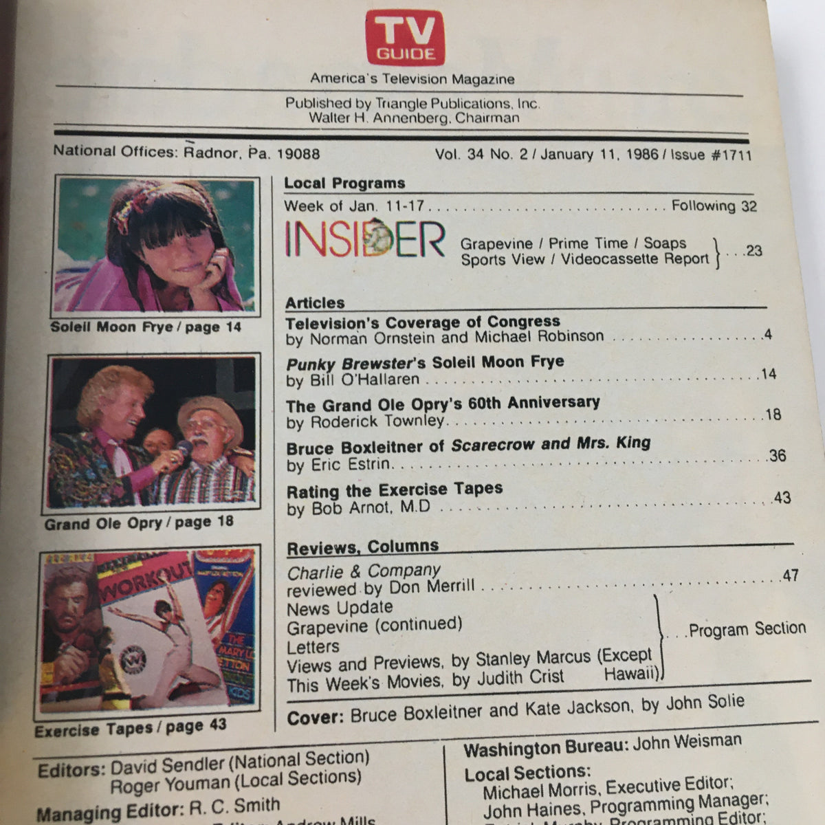 Inside page of the TV Guide Magazine January 11, 1986, highlighting articles and local program listings, including Bruce Boxleitner.