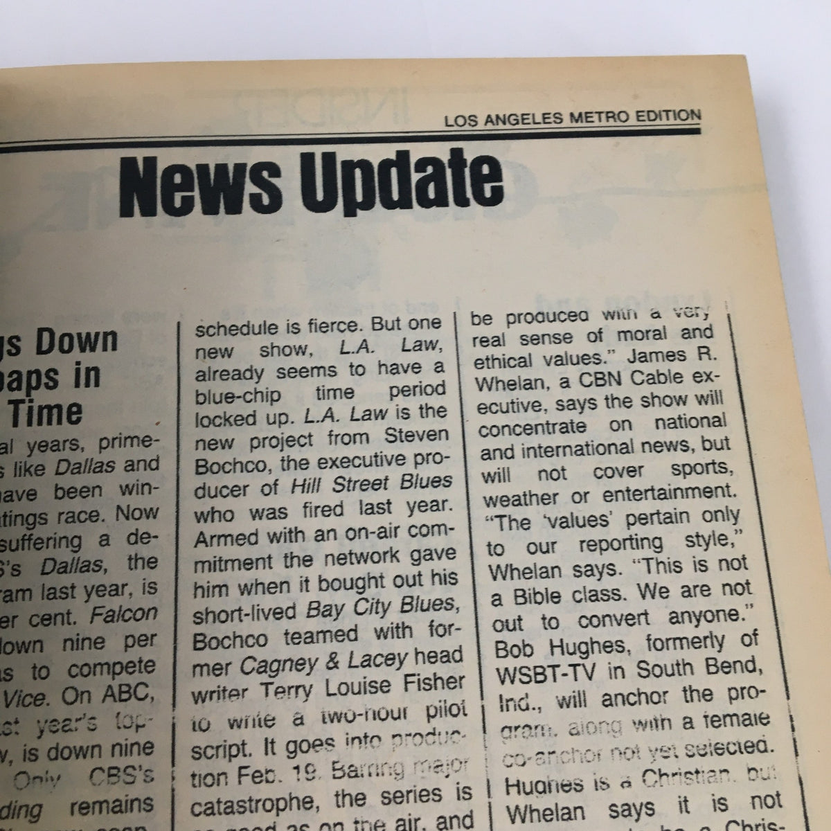 News Update page from TV Guide Magazine January 4, 1986, discussing L.A. Law and other television schedules.