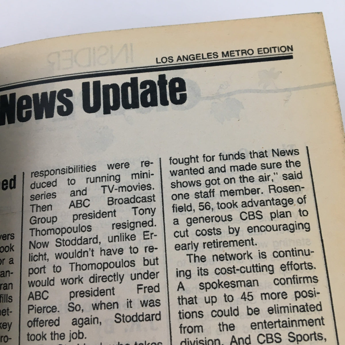 Image of a vintage TV Guide Magazine from November 23, 1985, featuring a news update section. The Los Angeles Metro Edition highlights updates in television responsibilities, featuring names and details relevant to the era of classic television. This magazine is associated with iconic stars Judith Light and Katherine Helmond.