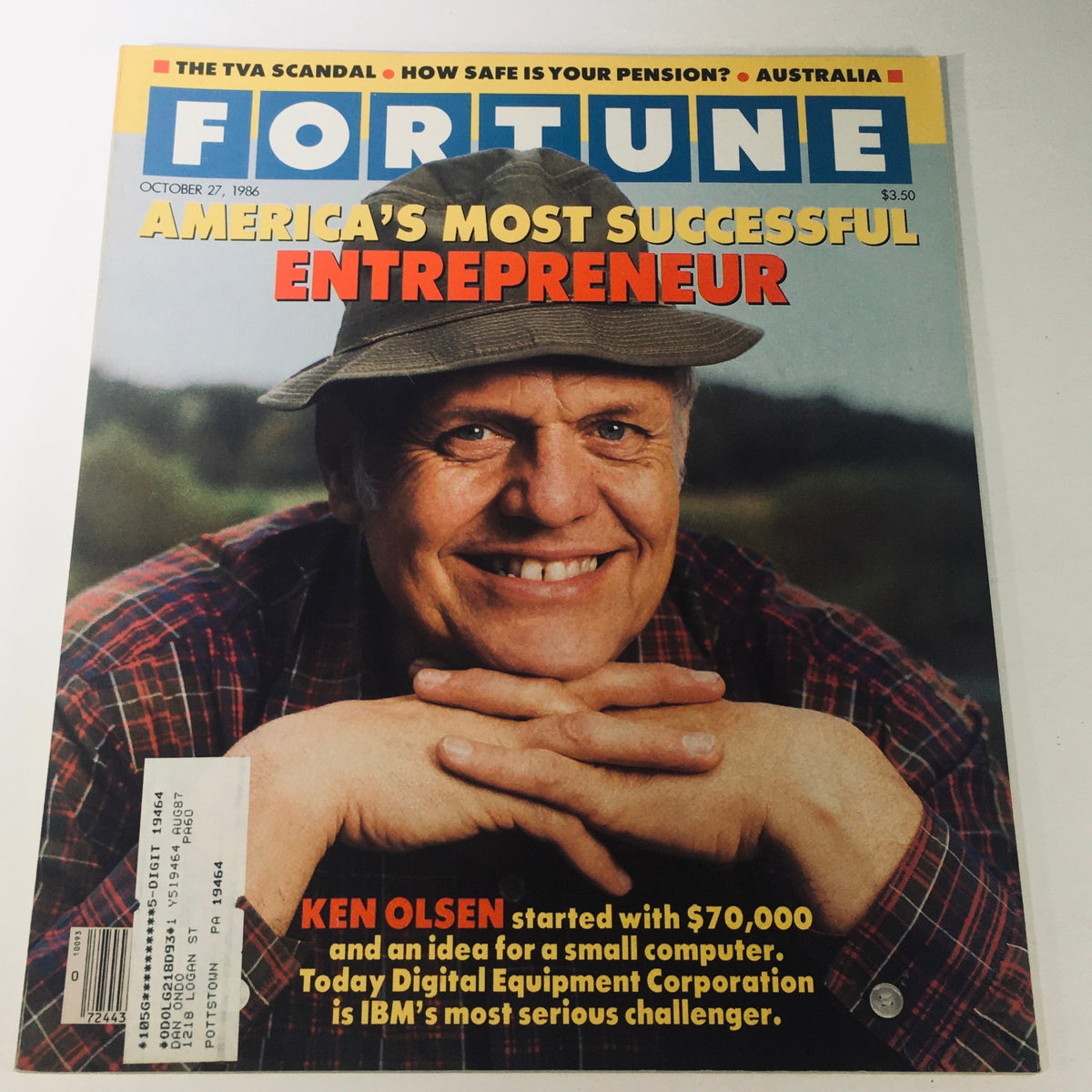 Fortune Magazine cover from October 27, 1986, featuring Digital Equipment Corporation's Ken Olsen, titled 'America's Most Successful Entrepreneur'. This vintage magazine highlights Olsen's journey starting with $70,000 and his significant impact on the computing industry.