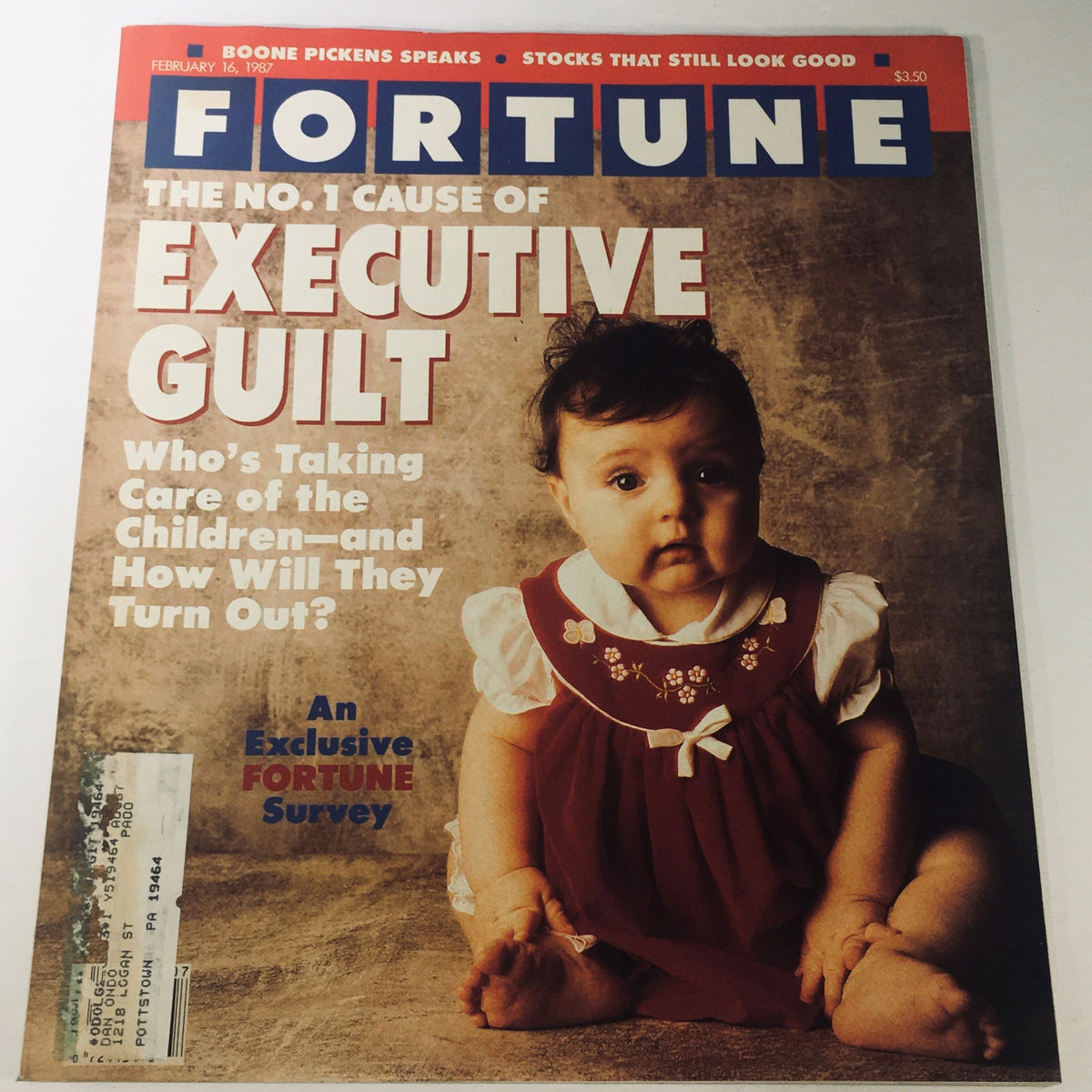 Cover of Fortune Magazine from February 16, 1987, featuring the headline 'The No. 1 Cause of Executive Guilt' with an image of a baby in a red dress, indicative of corporate and family pressures in the 1980s.