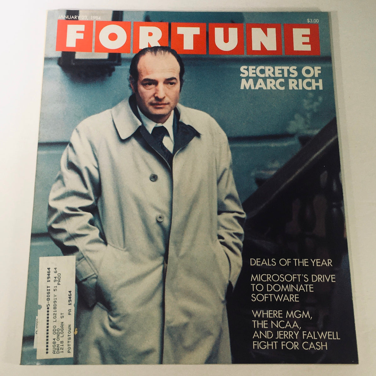 Cover of Fortune Magazine from January 23, 1984, featuring the headline 'The NCAA and Jerry Falwell Fight For Cash' along with an image of a man in a coat, showcasing a pivotal moment in sports and finance history.