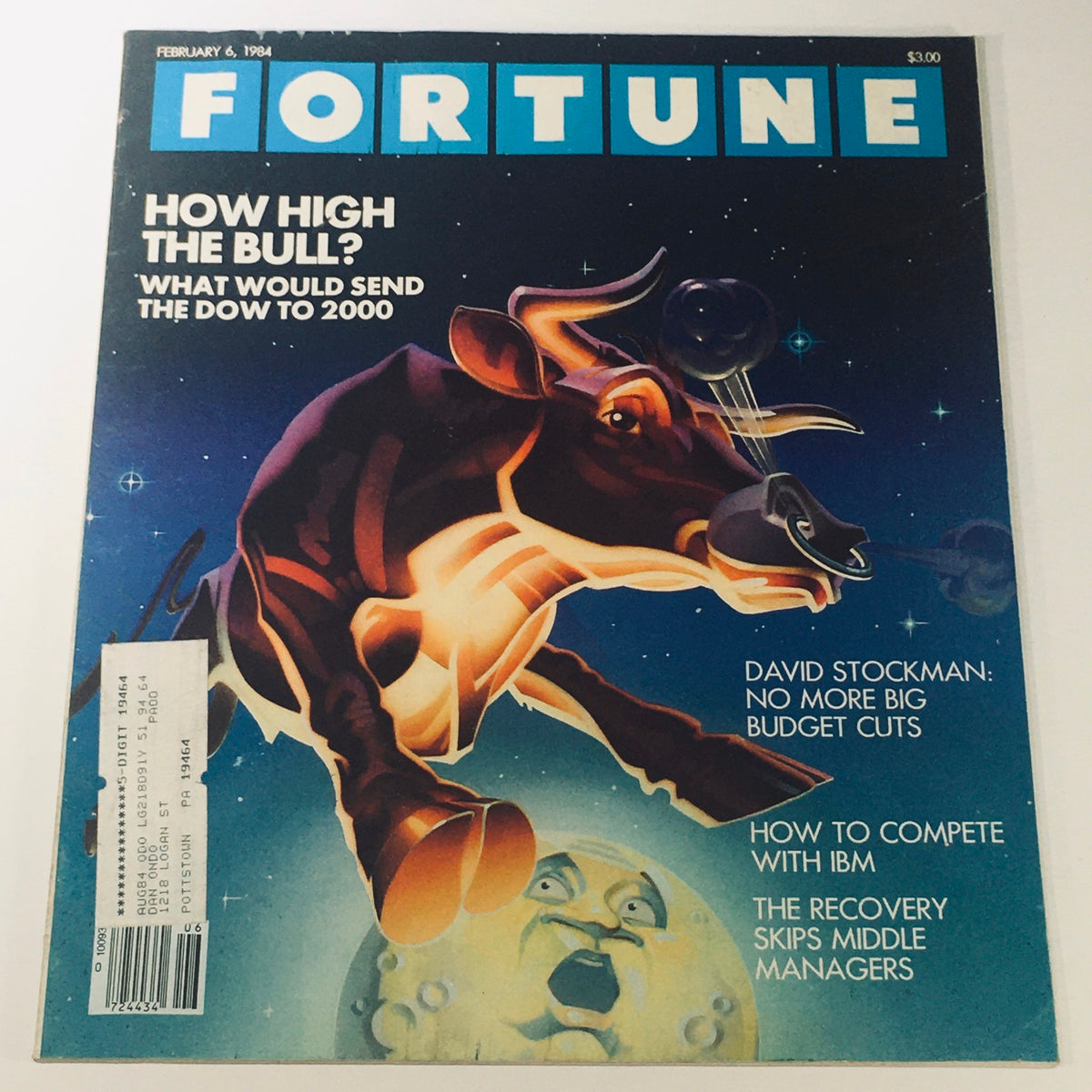 Cover of the VTG Fortune Magazine from February 6, 1984, featuring an illustration of a bull and the title "No More Big Budget Cuts" by David Stockman, showcasing themes of economic analysis and financial history.